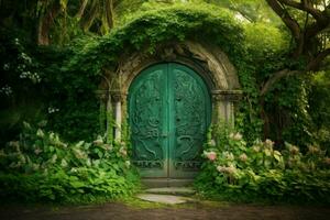 puerta verde jardín. generar ai foto