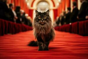 Vibrant Red carpet for famous cat. Generate Ai photo