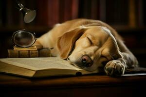 Contented Dog asleep reading. Generate Ai photo
