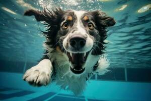 lleno de diversión perro nadando piscina vacaciones. generar ai foto