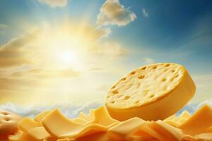 Textured Cheese closeup with sun sunrise. Generate Ai photo