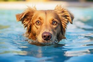 Wet Dog swimming pool vacation. Generate Ai photo