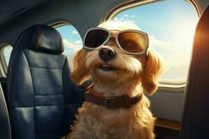 Adventurous Dog plane passenger. Generate Ai photo