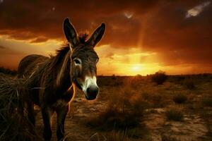 Donkey field sunset. Generate Ai photo