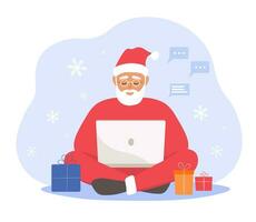 moderno Papa Noel claus se sienta a un computadora portátil, comunica con mensajes, prepara regalos en contra el fondo de copos de nieve. vector plano gráficos.