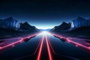 3D rendering illuminates a mysterious road with vibrant glowing neon lines AI Generated photo