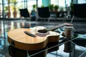 Silence fills the room, an acoustic guitar waiting for its musician's touch. AI Generated photo