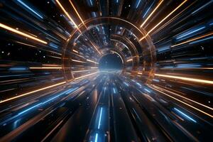 Tech inspired 3D rendering showcases a digital cyberspace tunnel in a futuristic backdrop AI Generated photo