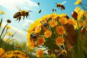 Bustling airspace bees and bugs converge, adding life to the beehives surroundings AI Generated photo