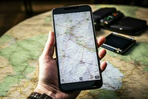 explorador Polonia con el ayuda de un móvil teléfono en turista mapas ai generado foto