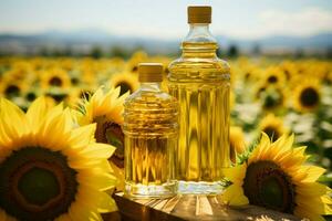 In the heart of a sunflower field, a sunflower oil bottle stands out AI Generated photo