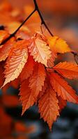 Fiery red and yellow leaves fall gently in an autumn breeze. Vertical Mobile Wallpaper AI Generated photo