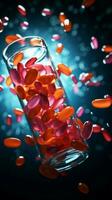 In flight medication pills disperse, a momentary pharmaceutical dance Vertical Mobile Wallpaper AI Generated photo