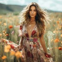 Woman in bohemian maxi dress with flowers photo