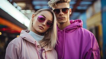 Young couple in trendy streetwear photo