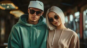 Young couple in trendy streetwear photo