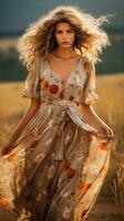 Woman in bohemian maxi dress with flowers photo