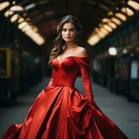Woman in elegant red gown with train photo
