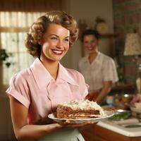 mujer servicio un rebanada de tarta foto
