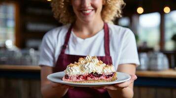 Woman serving a slice of pie photo