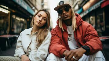 Young couple in trendy streetwear photo