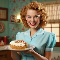 Woman serving a slice of pie photo