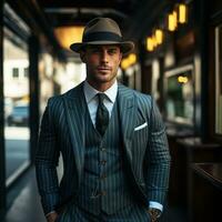 Stylish man in pinstripe suit and fedora photo