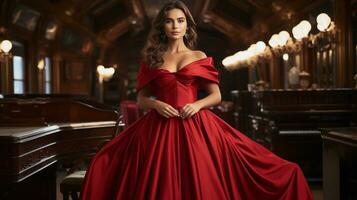 Woman in elegant red gown with train photo