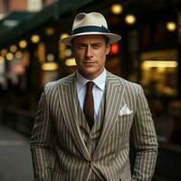 Stylish man in pinstripe suit and fedora photo