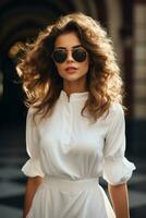 Woman in stylish sunglasses and white dress photo