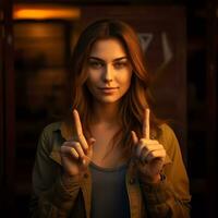 Woman with finger pose and looking at camera. She is looking at the camera with shock. Indoor studio shot. photo