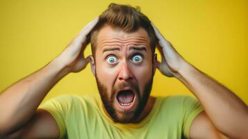 Portrait of man with beard wearing T-shirt standing with mouth open in surprise, has shocked expression photo