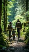 Family hiking through lush forest photo