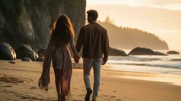 Couple holding hands, walking on the beach photo