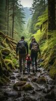 Family hiking through lush forest photo