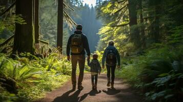 Family hiking through lush forest photo