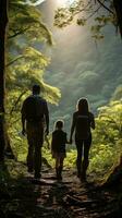 Family hiking through lush forest photo