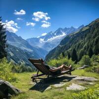 descansando en medio de maravilloso alpino paisaje foto