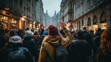 Tourists snapping photos in busy city