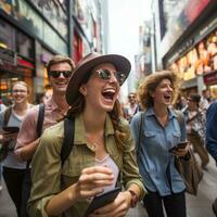 Tourists snapping photos in busy city