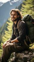 Backpacker taking a break on mountain trail photo