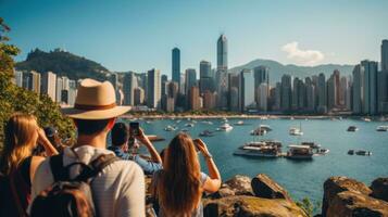 Tourists snapping photos in busy city