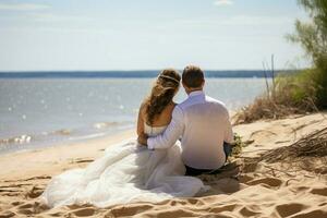 Loving couple, beachside view Bride and groom sit by the ocean, content AI Generated photo