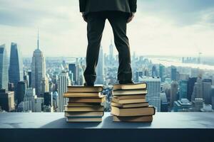 Businesswoman and businessmans feet atop stacked books against a city backdrop AI Generated photo