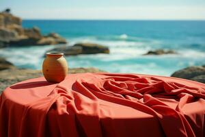 Beachy blur accentuates empty tablecloth harmonious blend of relaxation AI Generated photo