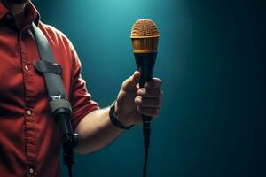In a striking contrast, a male hand clutches a microphone on blue. AI Generated photo