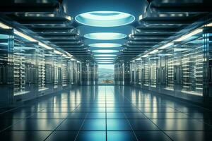 Cloud computing and big data concept visualized with server racks in 3D rendering AI Generated photo