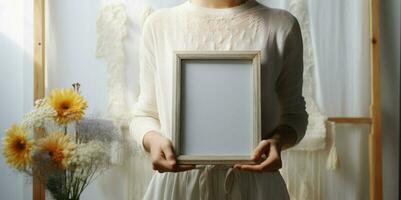 Unwritten story Woman holds a blank wooden frame, the narrative awaits AI Generated photo