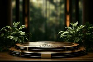 Sophisticated 3D podium with wooden tray, gold steel leg, and leafy shadows AI Generated photo