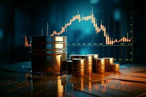 Industrial background featuring oil price graph with a 3D barrel and growth arrow AI Generated photo